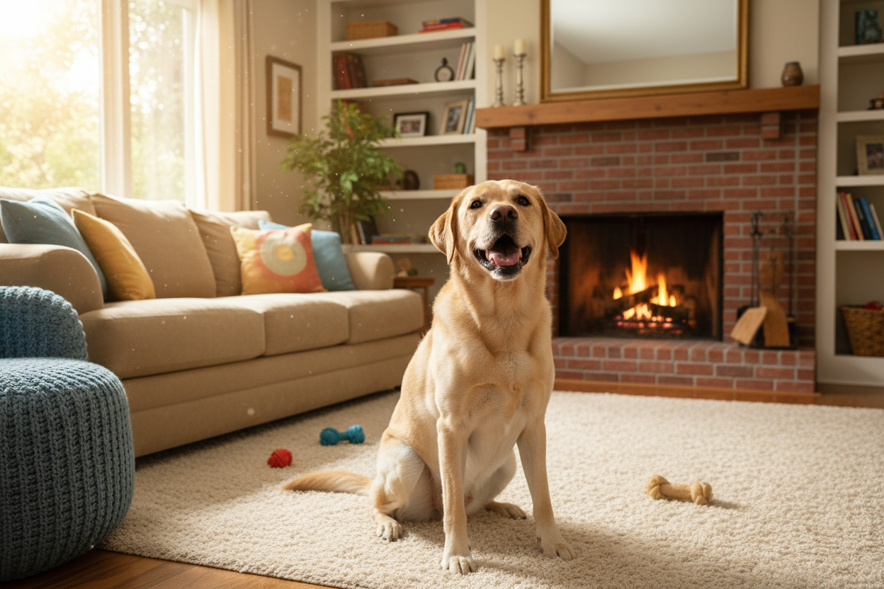 one labrador in the living room. happy mood